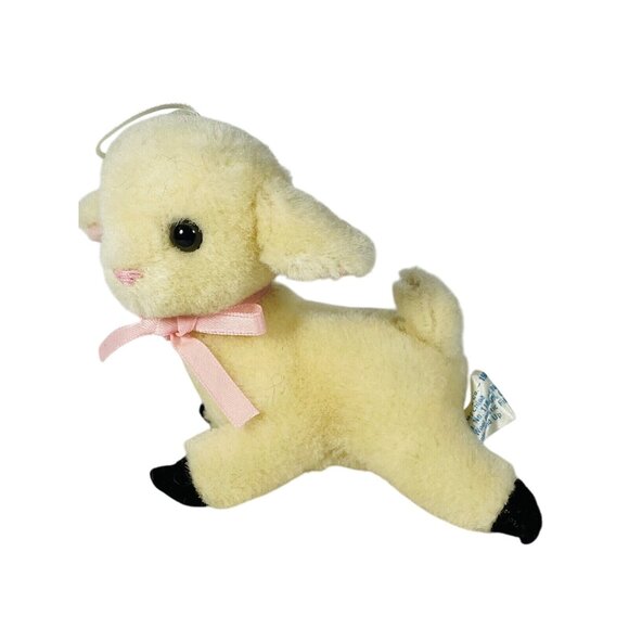 R Dakin Wool Pile Lamb Plush Ornament Sheep With Pink Bow Vintage - Picture 2 of 10